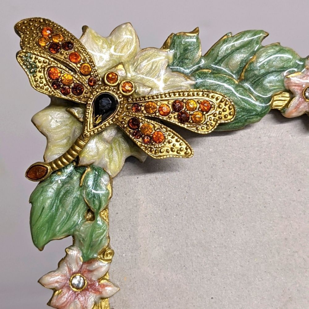 Vintage Enameled Floral Photo Frame w/ Dragonfly & Rhinestone Accents - Picture 6 of 9